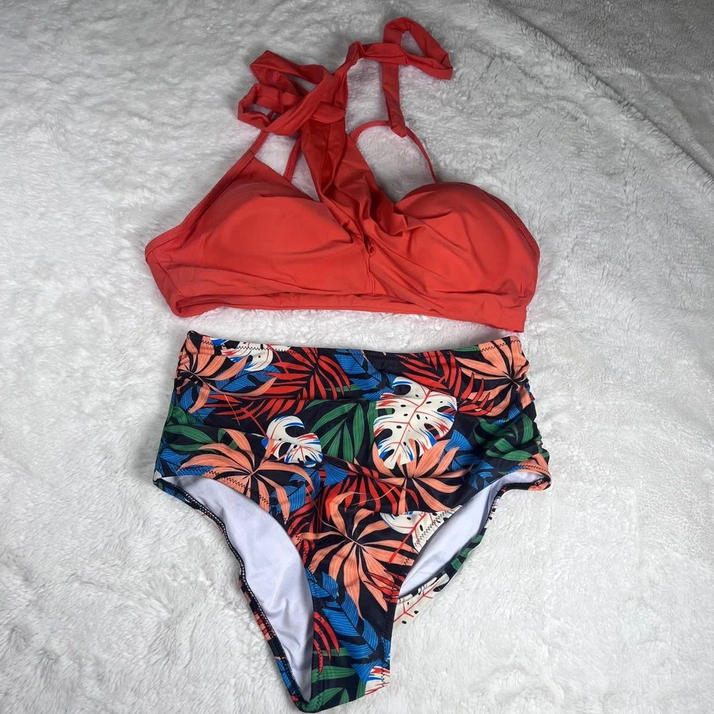 SUUKSESS Women's High Waisted Bikini Tropical Leaf Print Coral Halter Swimsuit M